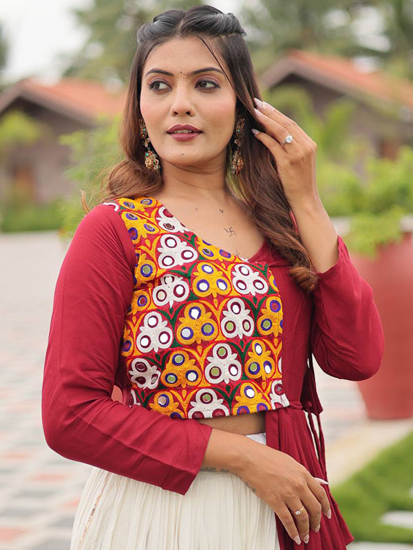 Maroon Pure Cotton Gamthi Work Top With Off White Lumpy Lace Lehenga