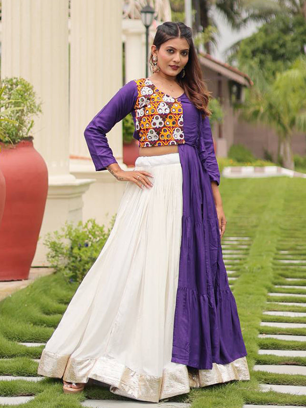 Purple Pure Cotton Gamthi Work Top With  Off White Lumpy Lace Lehenga