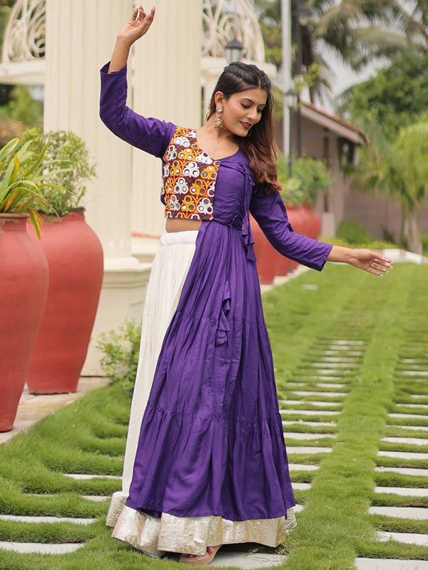 Purple Pure Cotton Gamthi Work Top With  Off White Lumpy Lace Lehenga
