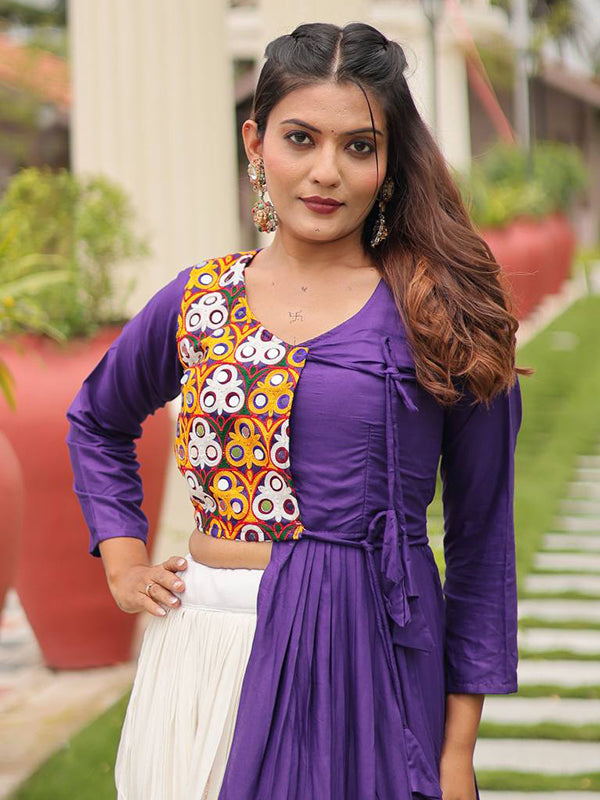 Purple Pure Cotton Gamthi Work Top With  Off White Lumpy Lace Lehenga
