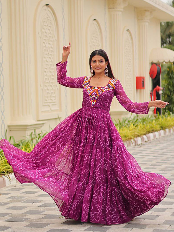 Magenta Kutchi Gamathi Work Full Flair Georgette Gown