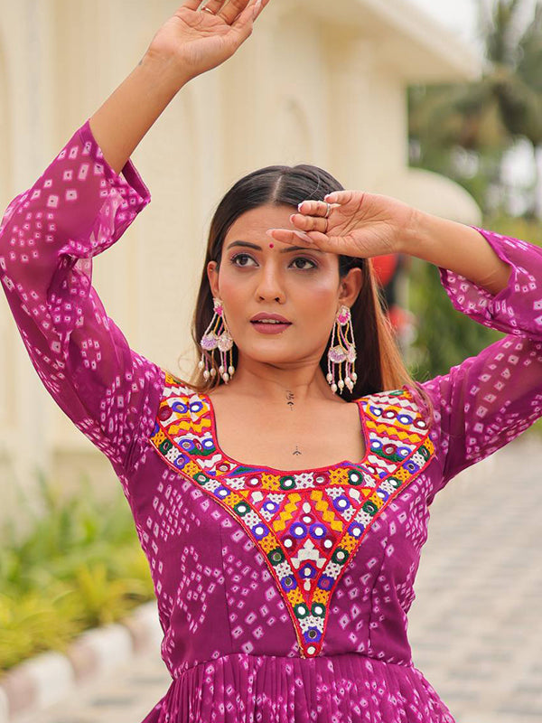 Magenta Kutchi Gamathi Work Full Flair Georgette Gown