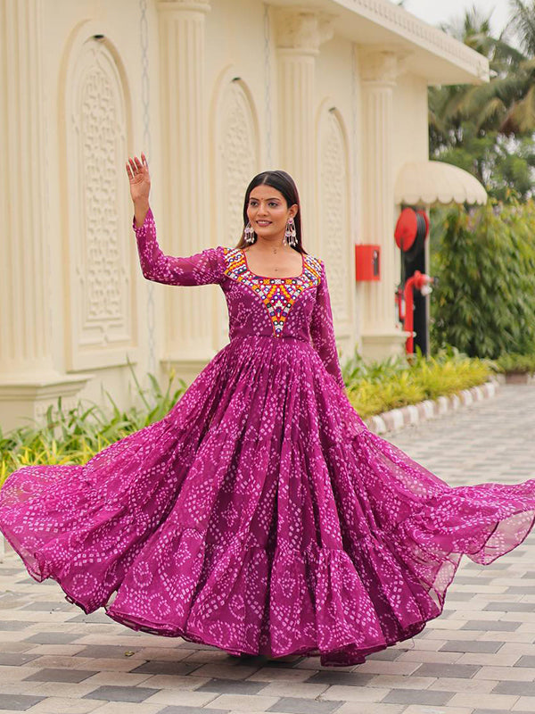 Magenta Kutchi Gamathi Work Full Flair Georgette Gown