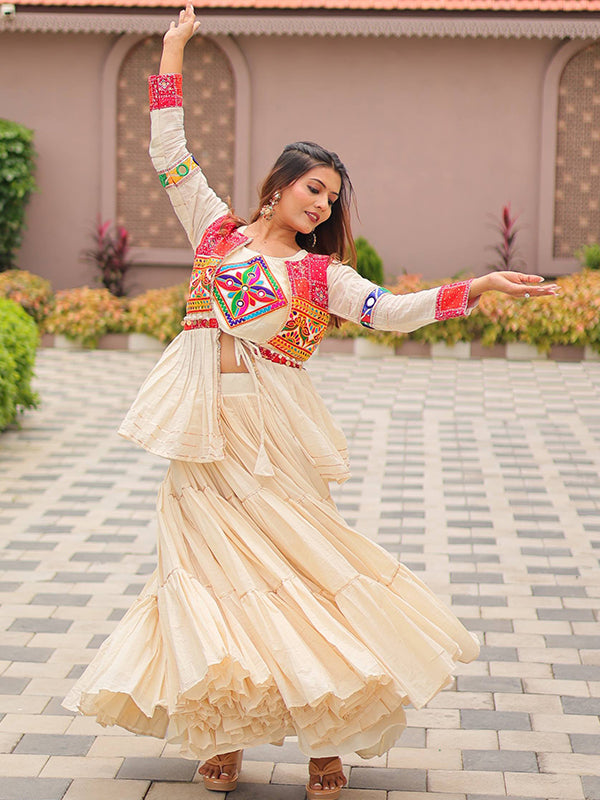 Off White Pure Cotton Lehenga Choli With Gamthi Work Koti