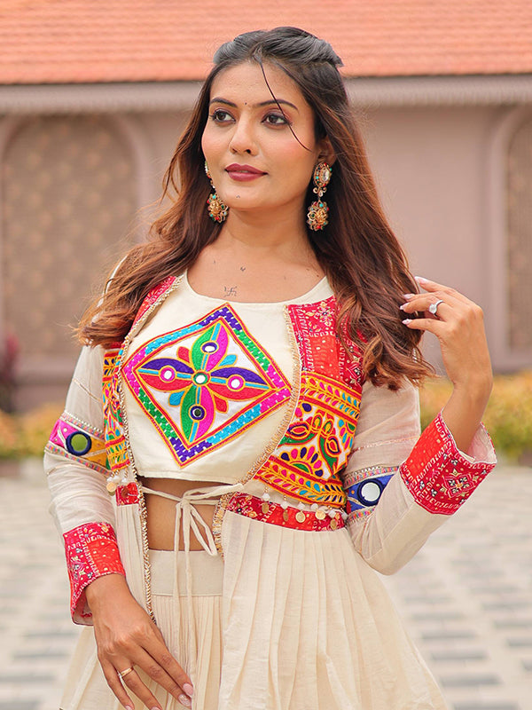 Off White Pure Cotton Lehenga Choli With Gamthi Work Koti