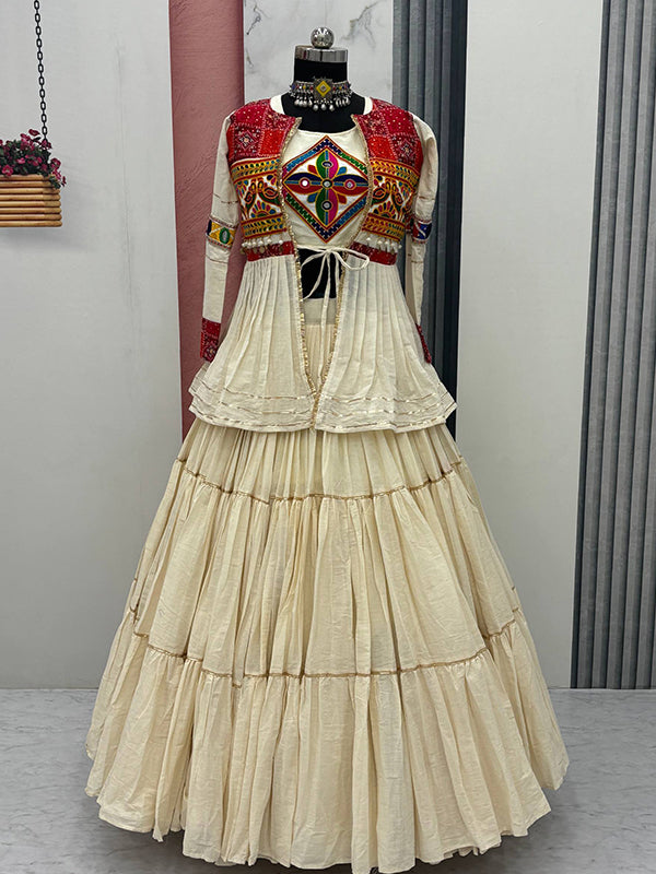 Off White Pure Cotton Lehenga Choli With Gamthi Work Koti
