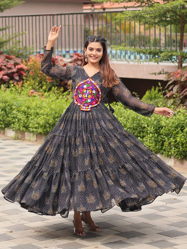 Black Kutchi Gamathi Work Georgette Gown