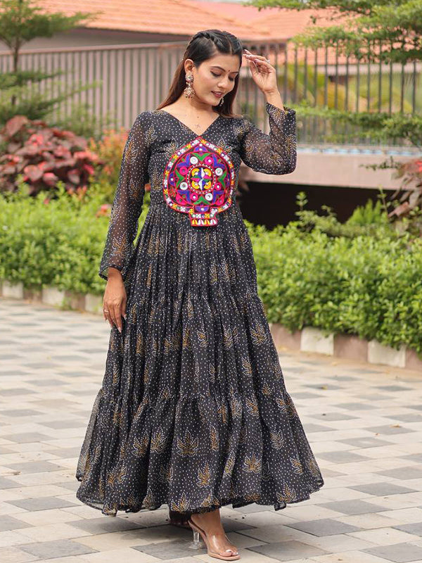 Black Kutchi Gamathi Work Georgette Gown