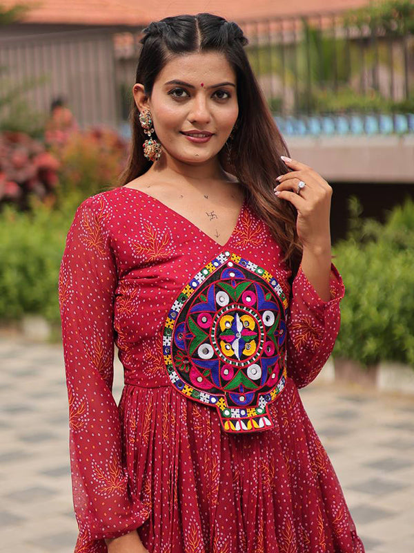 Maroon Kutchi Gamathi Work Georgette Gown
