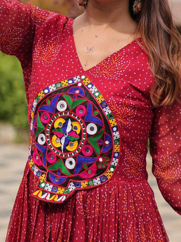 Maroon Kutchi Gamathi Work Georgette Gown