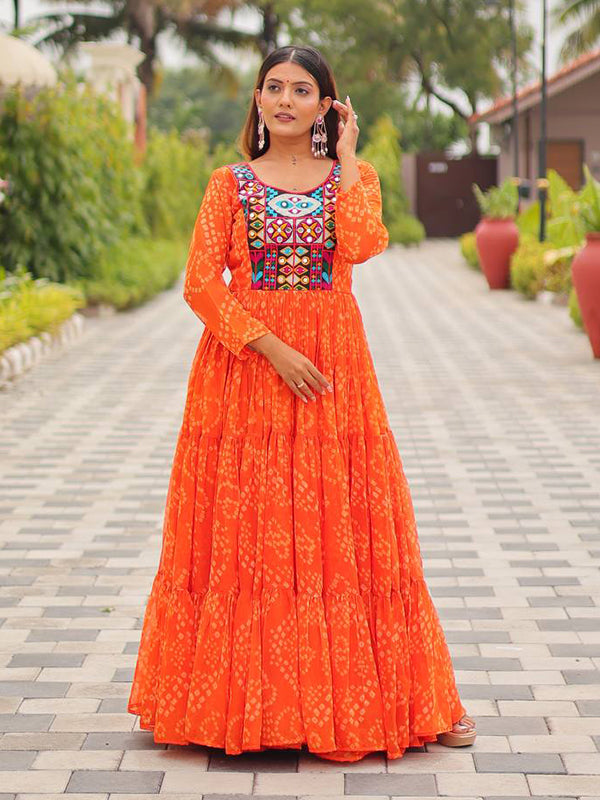 Orange Embroidery Thread Work Georgette Navratri Gown