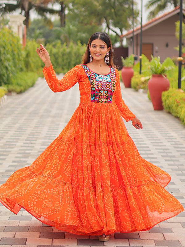 Orange Embroidery Thread Work Georgette Navratri Gown
