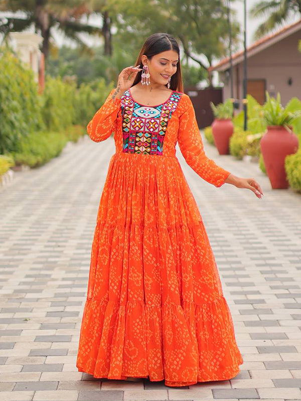 Orange Embroidery Thread Work Georgette Navratri Gown