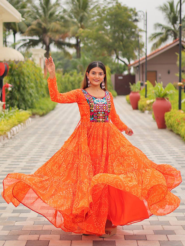 Orange Embroidery Thread Work Georgette Navratri Gown