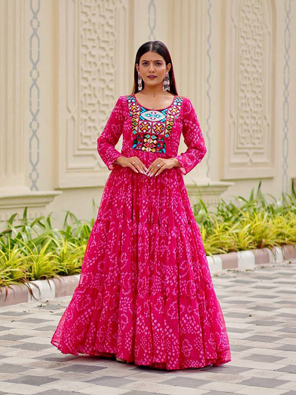 Pink Embroidery Thread Work Georgette Navratri Gown