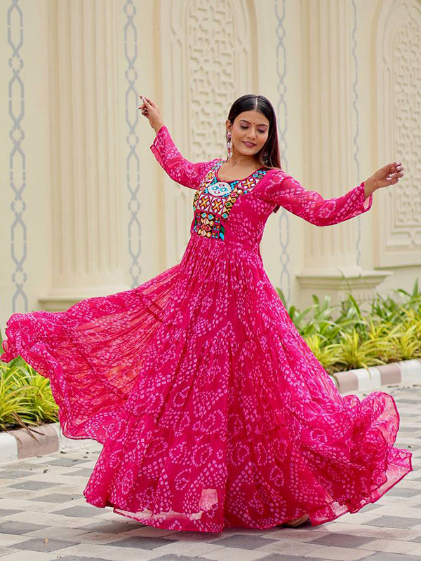 Pink Embroidery Thread Work Georgette Navratri Gown