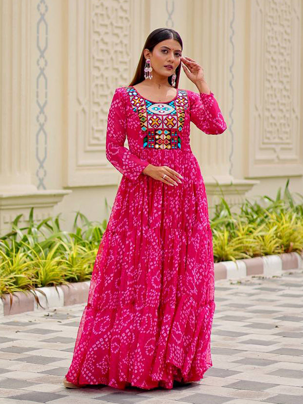 Pink Embroidery Thread Work Georgette Navratri Gown