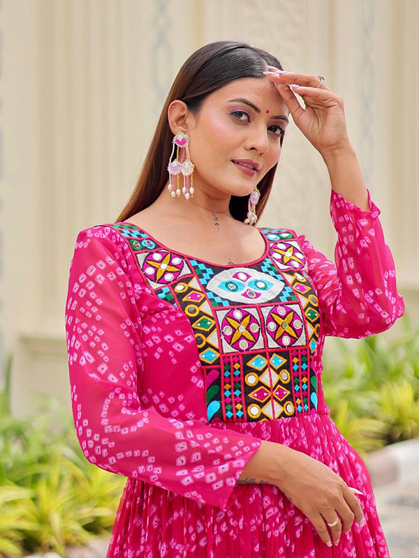 Pink Embroidery Thread Work Georgette Navratri Gown
