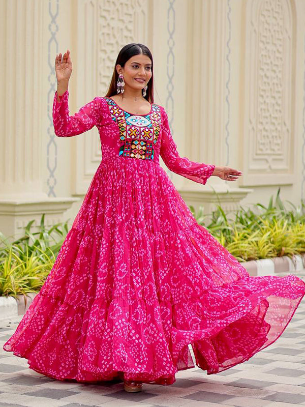 Pink Embroidery Thread Work Georgette Navratri Gown