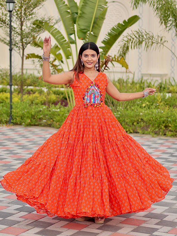 Orange Gamathi Work Bandhani Printed Georgette Gown