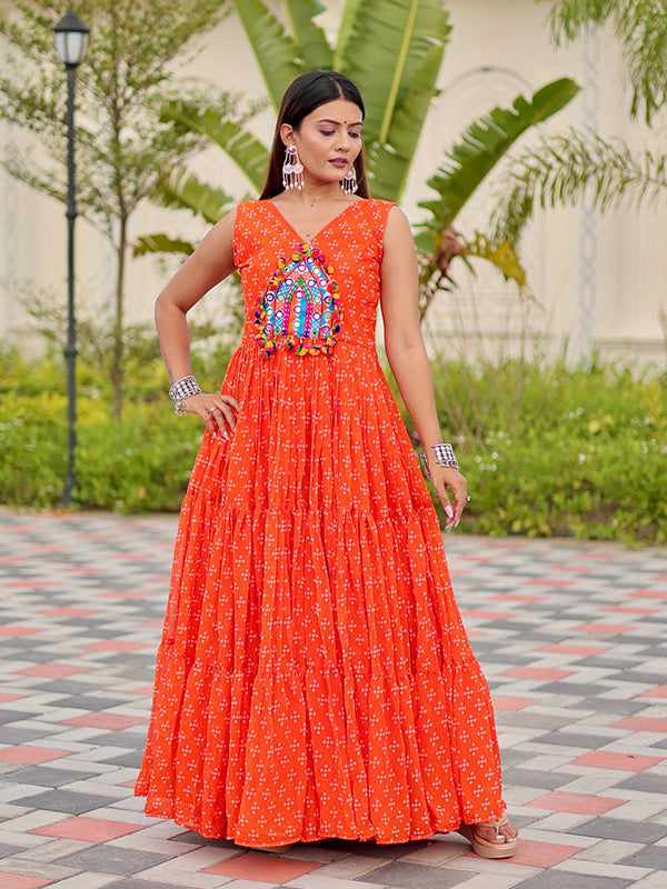 Orange Gamathi Work Bandhani Printed Georgette Gown