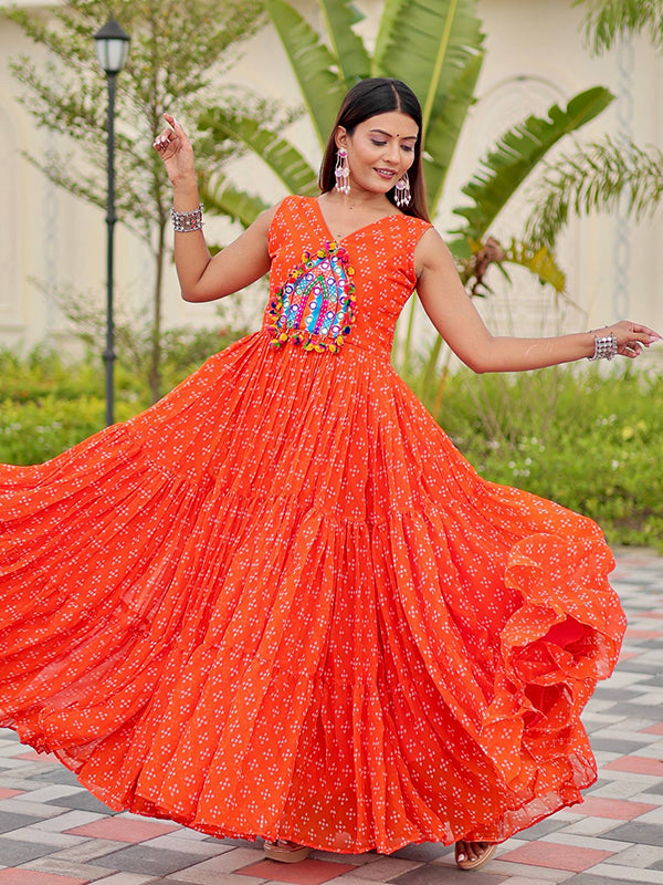 Orange Gamathi Work Bandhani Printed Georgette Gown