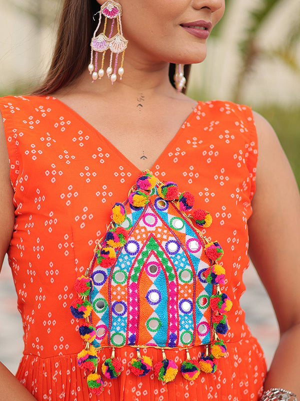 Orange Gamathi Work Bandhani Printed Georgette Gown