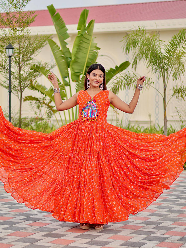 Orange Gamathi Work Bandhani Printed Georgette Gown