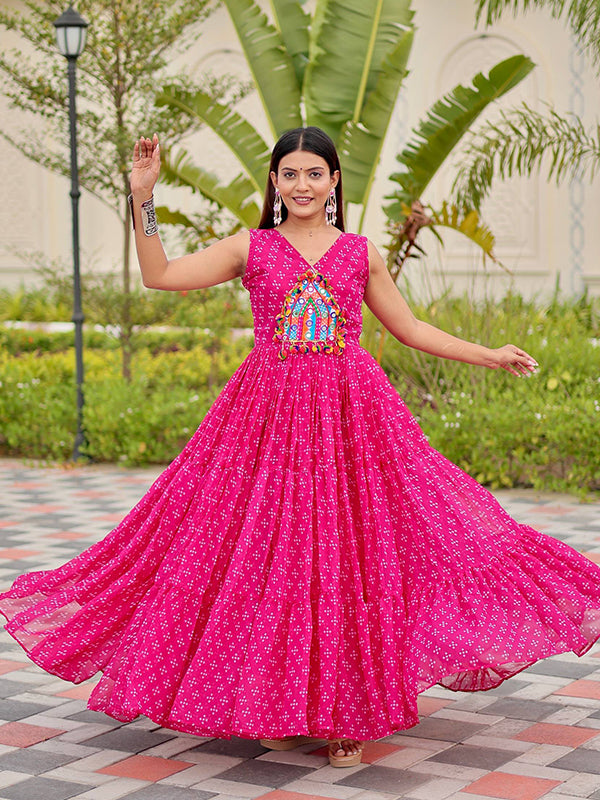 Pink Gamathi Work Bandhani Printed Georgette Gown