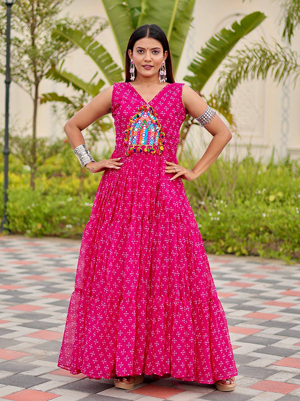 Pink Gamathi Work Bandhani Printed Georgette Gown