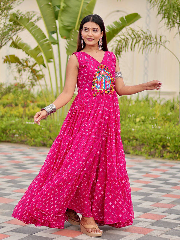 Pink Gamathi Work Bandhani Printed Georgette Gown
