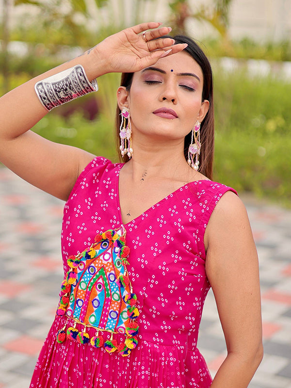 Pink Gamathi Work Bandhani Printed Georgette Gown