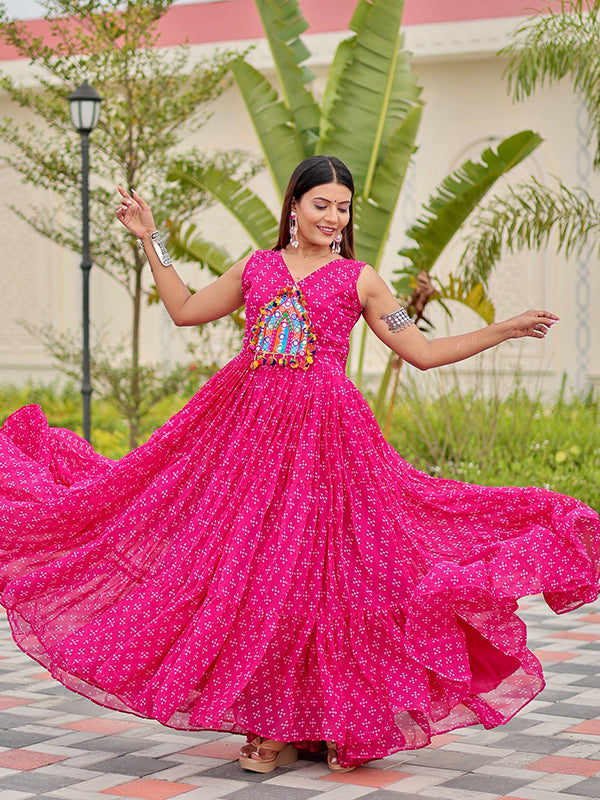 Pink Gamathi Work Bandhani Printed Georgette Gown