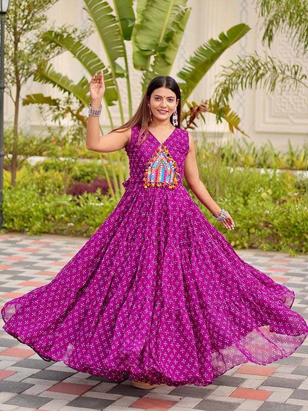 Purple Gamathi Work Bandhani Printed Georgette Gown