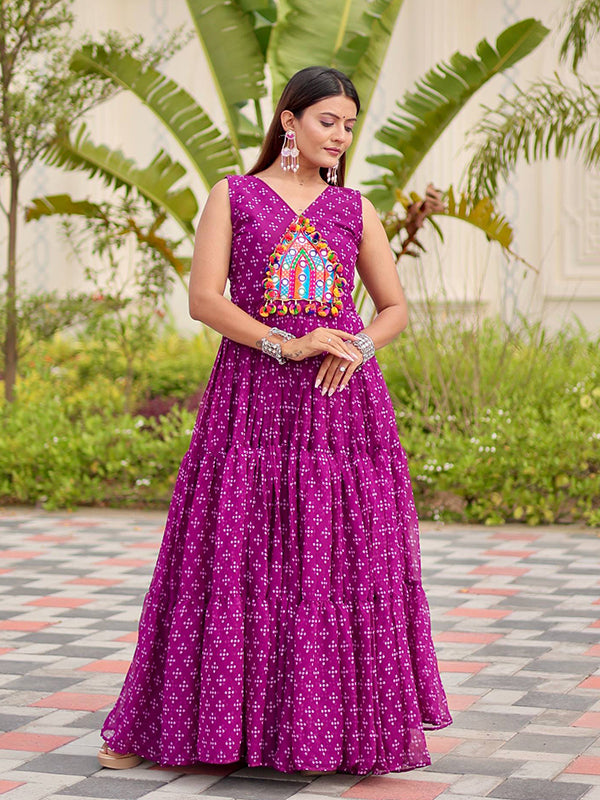 Purple Gamathi Work Bandhani Printed Georgette Gown