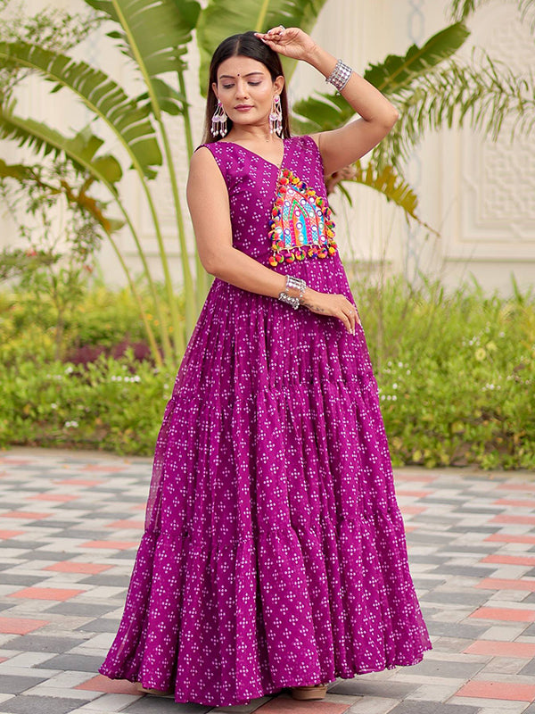 Purple Gamathi Work Bandhani Printed Georgette Gown