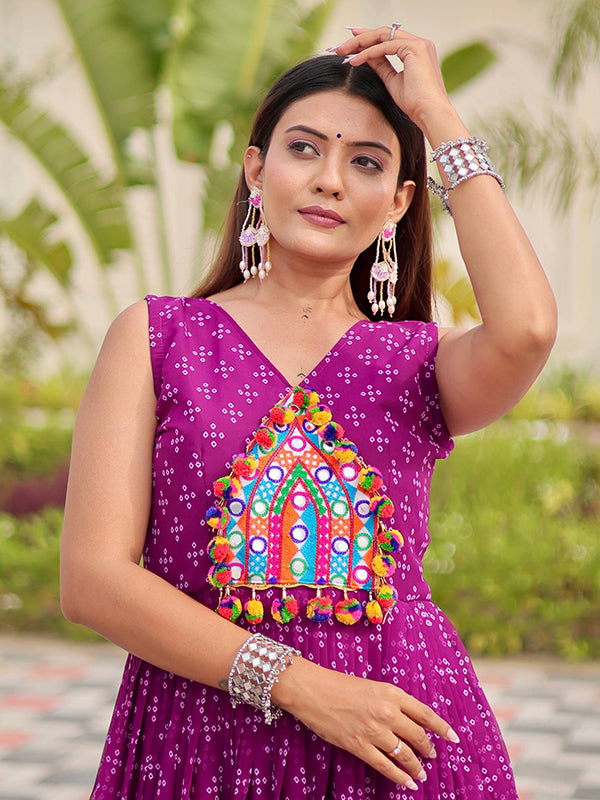 Purple Gamathi Work Bandhani Printed Georgette Gown
