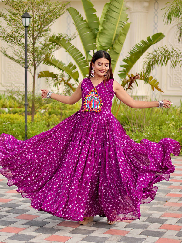 Purple Gamathi Work Bandhani Printed Georgette Gown