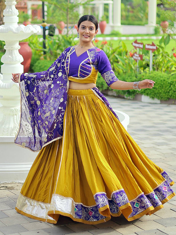 Mustard Yellow & Purple Embroidery Thread Work Lehenga Choli With Dupatta