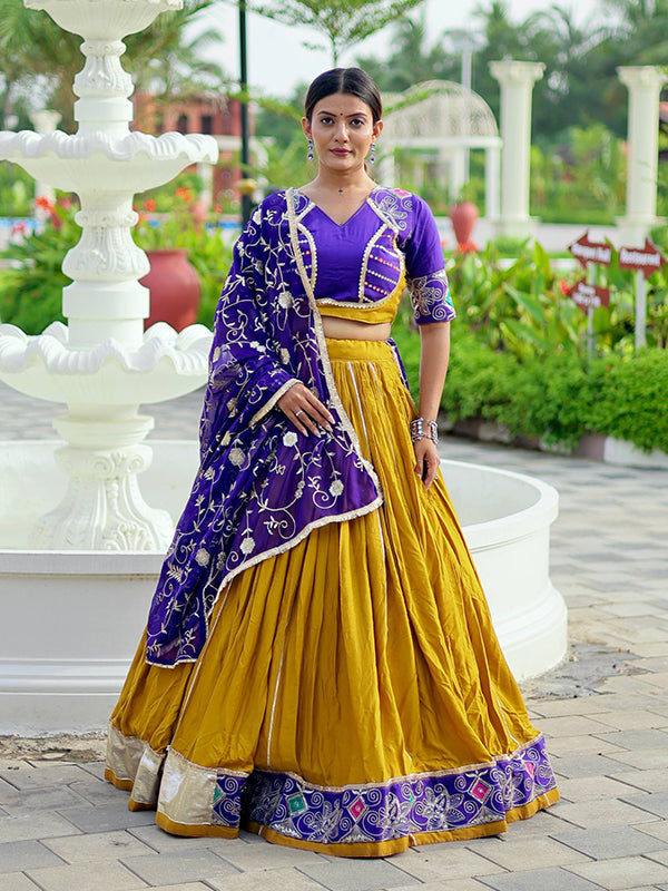 Mustard Yellow & Purple Embroidery Thread Work Lehenga Choli With Dupatta