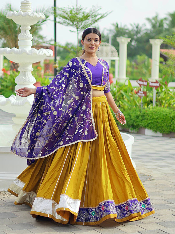 Mustard Yellow & Purple Embroidery Thread Work Lehenga Choli With Dupatta