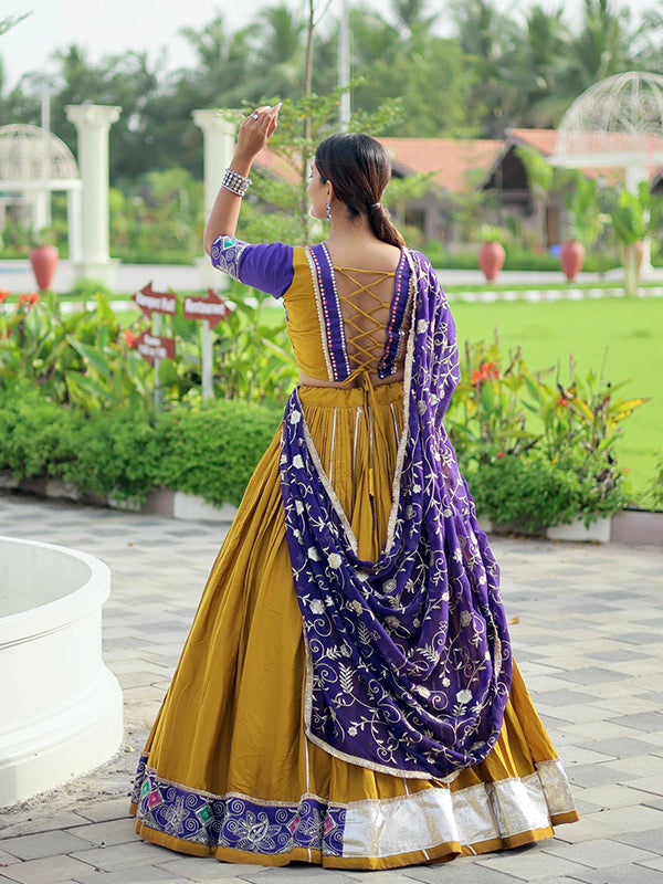 Mustard Yellow & Purple Embroidery Thread Work Lehenga Choli With Dupatta