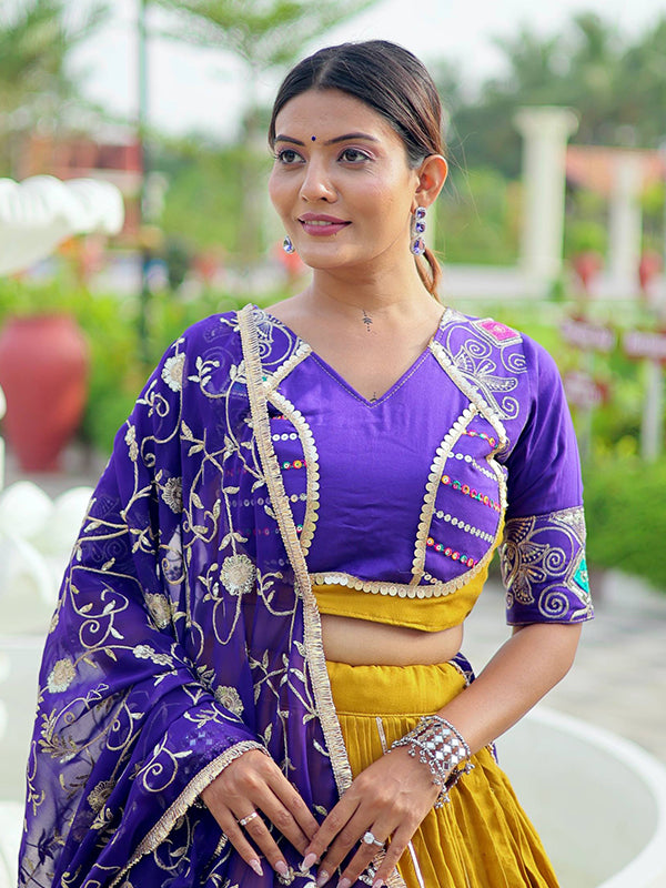 Mustard Yellow & Purple Embroidery Thread Work Lehenga Choli With Dupatta