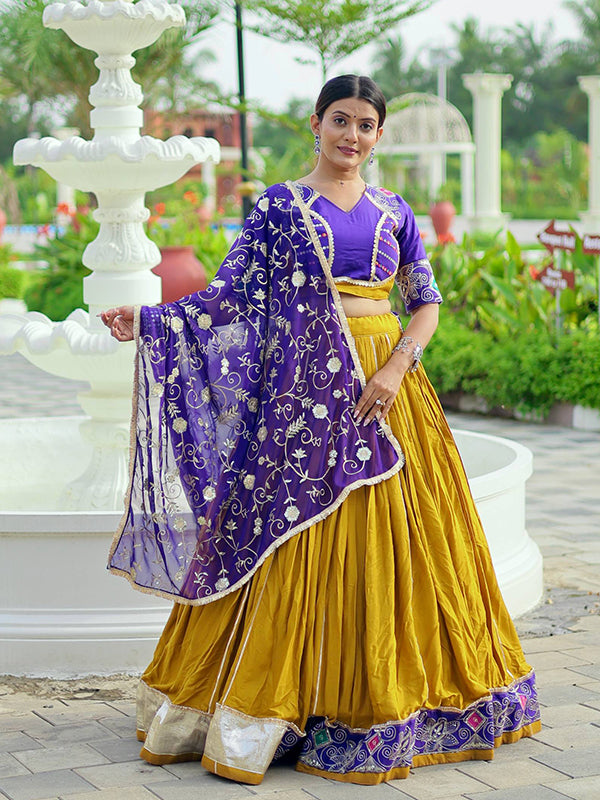 Mustard Yellow & Purple Embroidery Thread Work Lehenga Choli With Dupatta