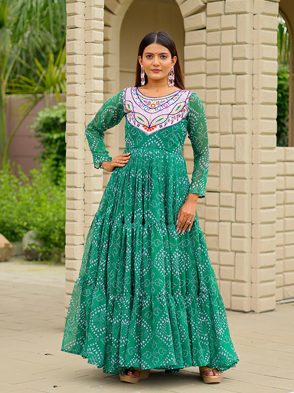 Green Embroidery Thread Work Bandhani Printed Georgette Gown