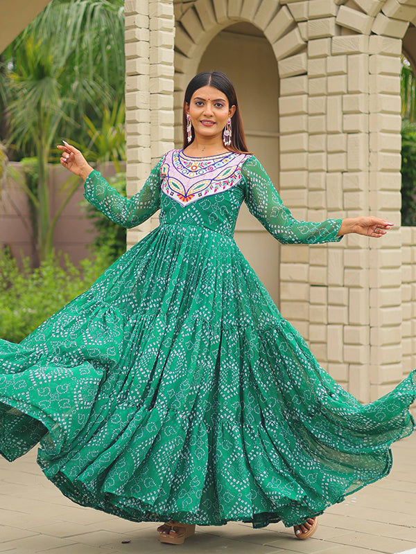 Green Embroidery Thread Work Bandhani Printed Georgette Gown