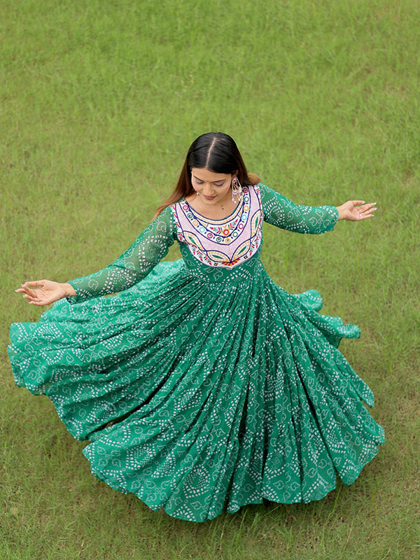 Green Embroidery Thread Work Bandhani Printed Georgette Gown