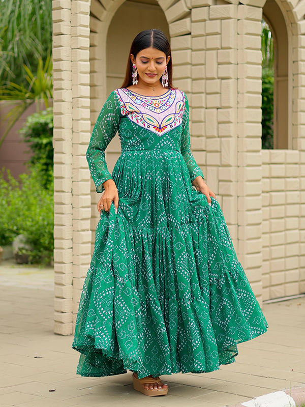 Green Embroidery Thread Work Bandhani Printed Georgette Gown