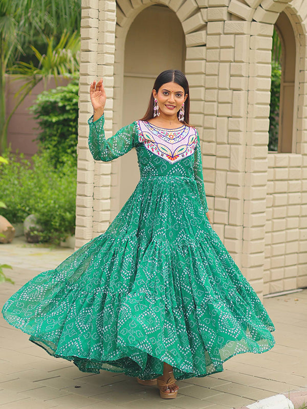 Green Embroidery Thread Work Bandhani Printed Georgette Gown