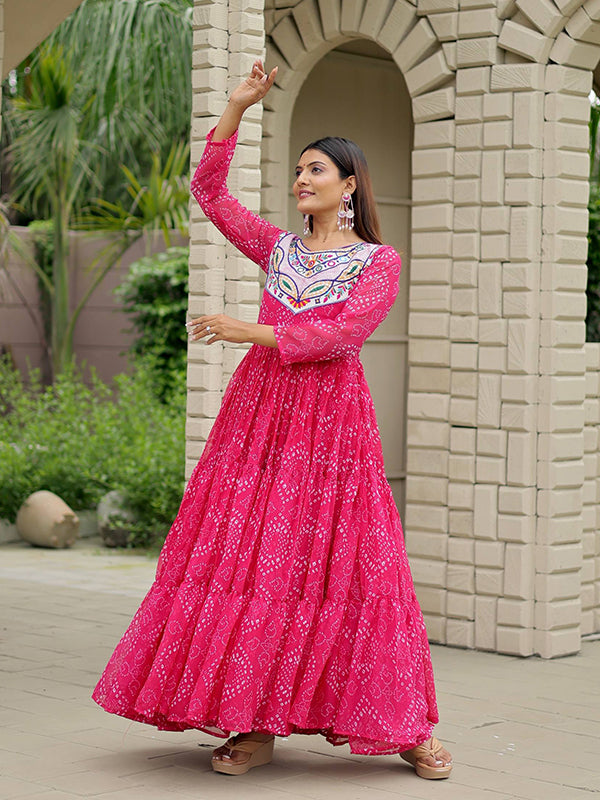 Pink Embroidery Thread Work Bandhani Printed Georgette Gown